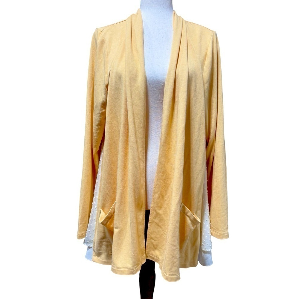Logo Lounge Yellow Open Cardigan Large Layered Swiss Dot White Sides Lace Pastel